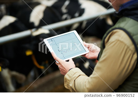 Digital tablet with graphic information on screen in hands of farmer Digital tablet with graphic information on screen in hands of farmer 96900152