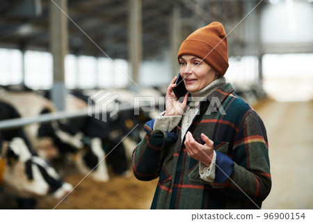 Pretty female entrepreneur in workwear talking on smartphone Pretty female entrepreneur in workwear talking on smartphone 96900154