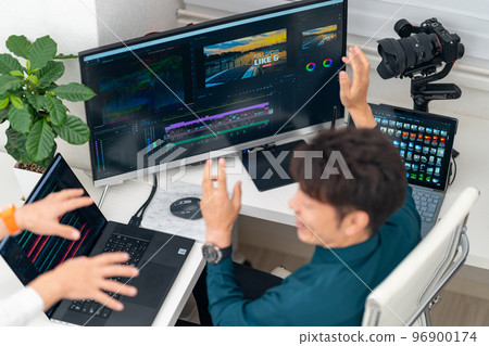 Male video/video creator, video marketing, editing, advertising activities, bird's-eye view, gimbal, 2 people, cost reduction 96900174