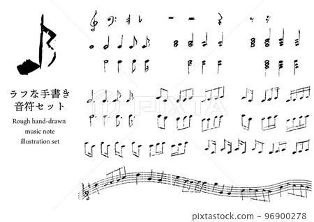 一組用於樂譜和音樂主題的材料,例如大致像塗鴉一樣手寫的五線譜和音符矢量插圖黑色 一組用於樂譜和音樂主題的材料,例如大致像塗鴉一樣手寫的五線譜和音符矢量插圖黑色 96900278