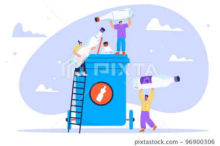 People collecting plastic trash into recycling bin 96900306