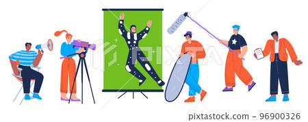 Film crew record movie with camera, green screen 96900326