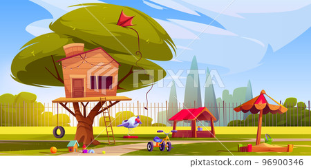 Summer landscape of playground with tree house 96900346
