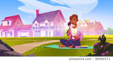 Woman with smartphone and books sitting on mat 96900371