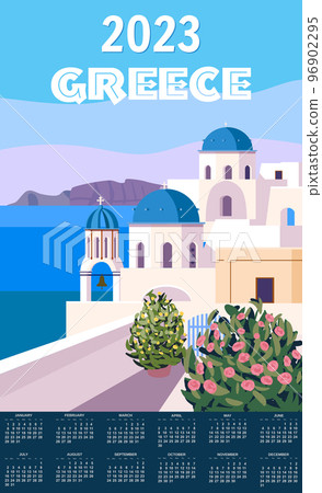 Monthly calendar 2023 year Greece Poster Travel, Greek white buildings with blue roofs, church, poster, old Mediterranean European culture and architecture 96902295
