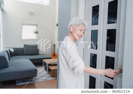 Senior woman using home elevator 96902524