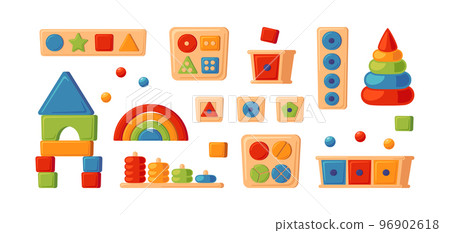 Montessori education logic toys. Children wooden toys for preschool kids. Montessori system for early childhood development. Multicolored sorters. Set of vector illustrations on white background Montessori education logic toys. Children wooden toys for preschool kids. Montessori system for early childhood development. Multicolored sorters. Set of vector illustrations on white background 96902618