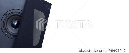 Banner with audio speaker close-up on a white background and place for text. Copy space. Music speaker in black with a protective grille. Banner with audio speaker close-up on a white background and place for text. Copy space. Music speaker in black with a protective grille. 96903642