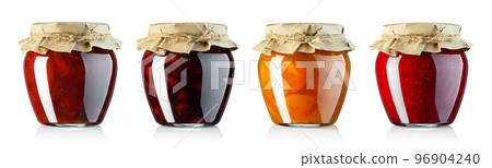 set of fruits jam in glass jars covered with wrapping paper isolated on white set of fruits jam in glass jars covered with wrapping paper isolated on white 96904240