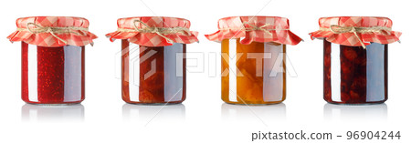 set of fruits jam in glass jars covered with paper isolated on white set of fruits jam in glass jars covered with paper isolated on white 96904244