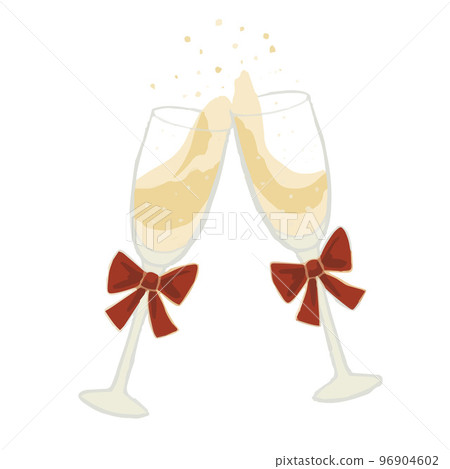 Isolated clip art illustration of two festive glass of champagne with red bow 96904602