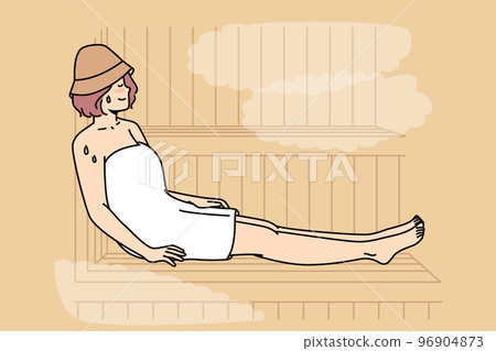 Woman in body towel sits, sweating on bench in sauna. Woman in body towel sits, sweating on bench in sauna. 96904873