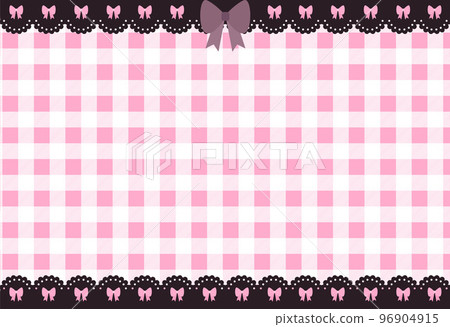 Cute pink kawaii horizontal background with gingham check and dark lace borders with bows 96904915