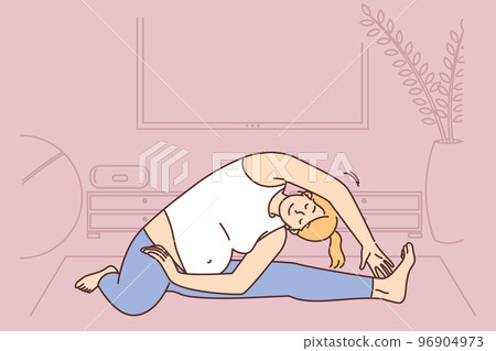 Pregnant woman practice yoga at home  96904973