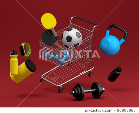 Sport equipment for fitness, gym, crossfit in shopping cart on red 96905065