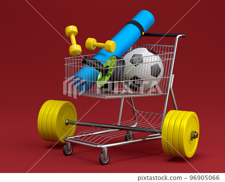 Sport equipment for fitness, gym, crossfit in shopping cart on red 96905066