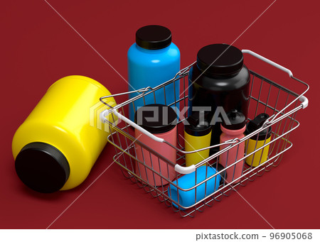 Sport equipment like sport shaker for protein drink in shopping basket on red 96905068
