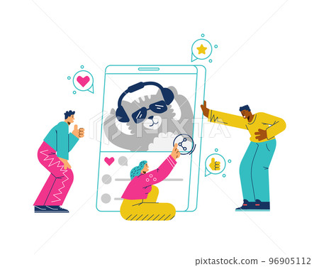 Happy tiny people watching funny cat on huge mobile phone screen flat style 96905112