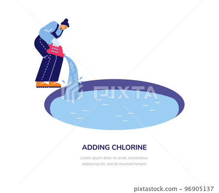 Woman in uniform adding chlorine to swimming pool water, flat vector illustration isolated on white background. 96905137