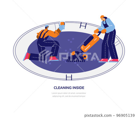 People cleaning swimming pool from inside, flat vector illustration isolated on white background. 96905139