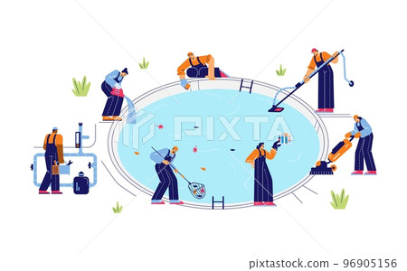 Swimming pool maintenance service, flat vector illustration isolated on white background. 96905156
