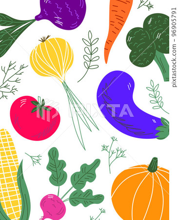 Vegetables food hand drawn banner. Healthy meal, diet, nutrition or lifestyle. Organic food restaurant and support farmers market concept. EPS 96905791