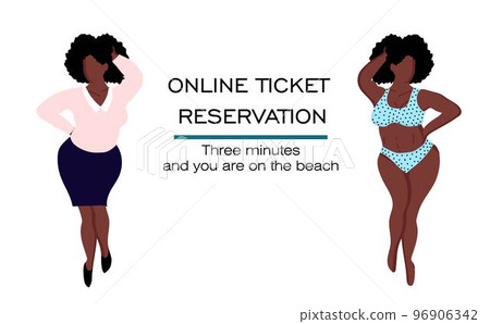 booking and buying tickets online. ONLINE SERVICE OF TOURIST SERVICES. Journey. black woman in a swimsuit. 96906342