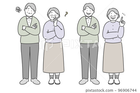 兩男一女一對老年夫婦一臉苦惱一臉笑臉全身插畫素材 96906744