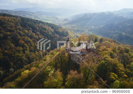 Aerial view of Grodno castle in Zagorze, Poland at autumn season Aerial view of Grodno castle in Zagorze, Poland at autumn season 96908008