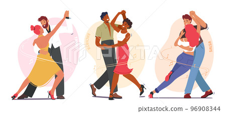 Young Couples Dancing Sparetime, Characters Active Lifestyle, Men and Women Spend Time Together Tango, Bachata or Salsa 96908344
