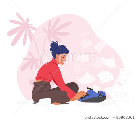 Creative Female Character Writer Or Editor Sitting On Floor With Typewriter And Scatter Papers Around, Woman Author 96908361