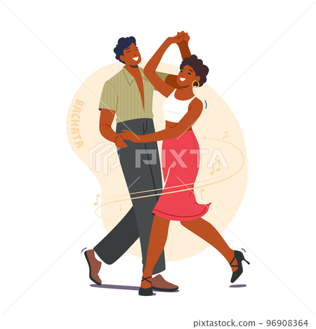 Young Couple Dancing Bachata Dance. Man and Woman Dancers Partners Characters Perform on Stage or Practicing 96908364