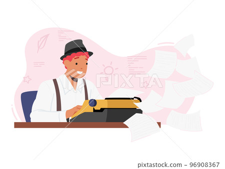 Inspired Creative Male Character Author, Writer Or Editor Sitting At Desk With Typewriter And Flying Papers Around 96908367