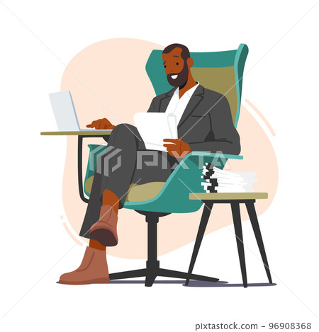 Writer Or Editor Black Character Sitting At Armchair Typing Article On Laptop. Creative Person Writing Or Editing Text 96908368