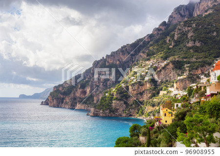 Touristic Town, Positano, on Rocky Cliffs and Mountain Landscape by the Sea. Amalfi Coast, Italy Touristic Town, Positano, on Rocky Cliffs and Mountain Landscape by the Sea. Amalfi Coast, Italy 96908955