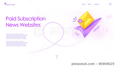 Paid subscription news websites banner. 3D render landing page with isometric paper plane, mail envelope and notification icon. Subscribe to newsletter, email messages service. 3D illustration Paid subscription news websites banner. 3D render landing page with isometric paper plane, mail envelope and notification icon. Subscribe to newsletter, email messages service. 3D illustration 96909029