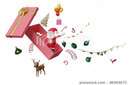 Santa claus in pink open gift box, christmas tree, reindeer, paper bags, balloon isolated. website, poster or Happiness cards, festive New Year concept, 3d illustration, 3d render 96909075