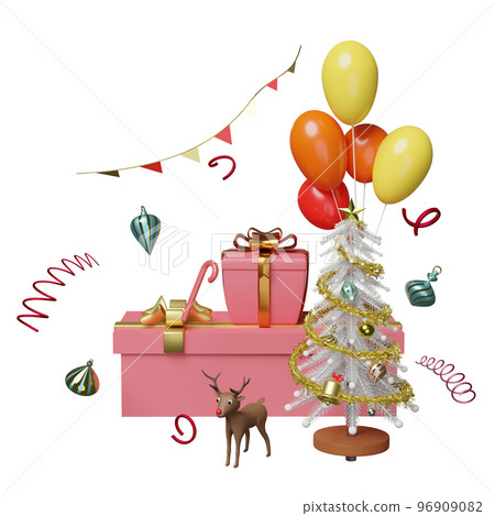 pink gift box with balloon, christmas tree, reindeer isolated. website, poster or Happiness cards, festive New Year concept, 3d illustration or 3d render 96909082