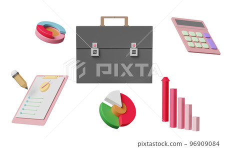 briefcase with analysis business financial data, white clipboard checklist, calculator, arrow, bar graph isolated. Online marketing, business strategy concept, 3d illustration, 3d render 96909084