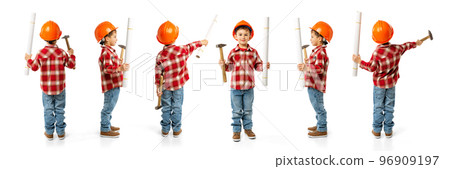 Collage. Happy little boy, kid in image of builder in orange protective helmet posing with professional tool over white background 96909197