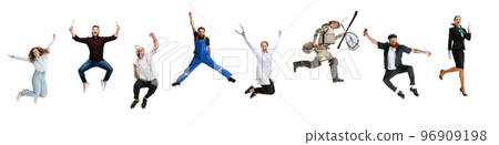 Set of different people of different professions in a line over white background. Seamstress, architect, chef, mechanic, doctor, fisherman, hairdresser, stewardess 96909198