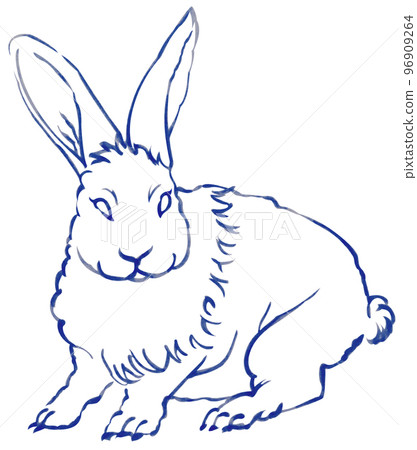 用毛筆劃的兔子 一種顏色 墨藍色 其他顏色帶路徑 白色背景 用毛筆劃的兔子 一種顏色 墨藍色 其他顏色帶路徑 白色背景 96909264