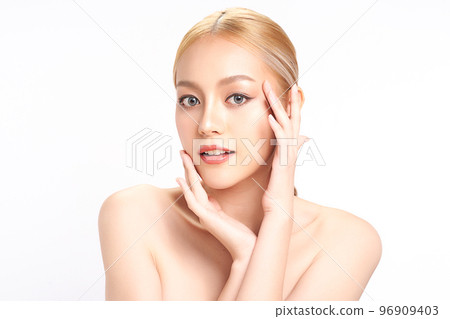 Beautiful young asian woman with clean fresh skin on white background, Face care, Facial treatment, Cosmetology, beauty and spa, Asian women portrait. Beautiful young asian woman with clean fresh skin on white background, Face care, Facial treatment, Cosmetology, beauty and spa, Asian women portrait. 96909403