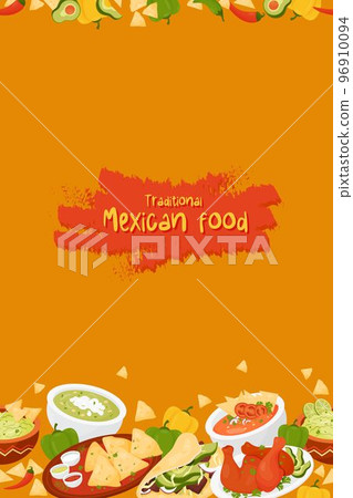 Traditional Mexican food. Seamless vertical border with Latin American dishs Quesadilla, Taco, guacamole with nachos, green and Tomato Soup, Achiote Chicken on orange background. Vector illustration. 96910094