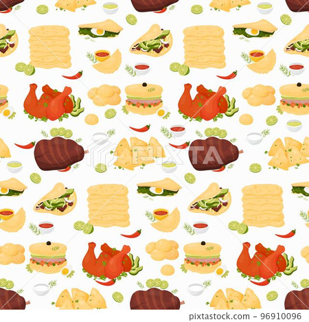 Seamless pattern with Mexican food and latin american traditional cuisine on white background. Vector illustration. Endless background national dishes for culinary decoration and design. Seamless pattern with Mexican food and latin american traditional cuisine on white background. Vector illustration. Endless background national dishes for culinary decoration and design. 96910096
