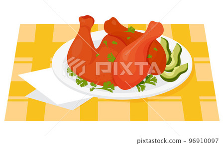 Mexican Achiote Chicken grilled food. Yucatan style marinated chicken legs with ahiote on plate with avocado slices and parsley. Vector illustration of Latin American national dish. 96910097