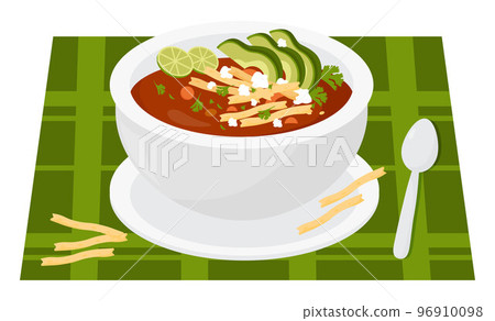 Traditional zesty Mexican Tomato Soup with tortilla chips. Latin American national dish popular soup puree. Vector illustration in flat style for design and decoration menu, culinary themes. 96910098