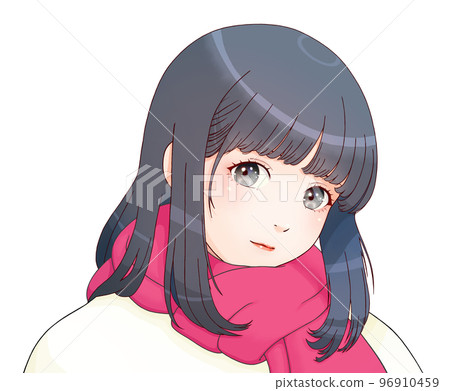 戴圍巾的女孩，衣服=乳白色，圍巾=深粉色，頭髮=藏青色，橫反版 96910459