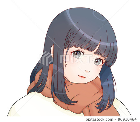 A girl wearing a muffler, clothes = milky white, muffler = brown, hair = navy, horizontally reversed version A girl wearing a muffler, clothes = milky white, muffler = brown, hair = navy, horizontally reversed version 96910464