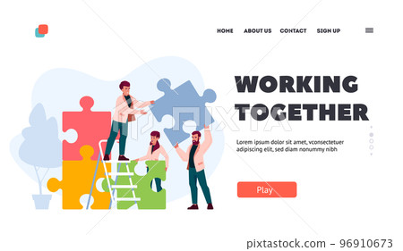People Group Working Together Landing Page Template. Businesspeople Teamwork, Office Employees Set Up Puzzle Pieces People Group Working Together Landing Page Template. Businesspeople Teamwork, Office Employees Set Up Puzzle Pieces 96910673